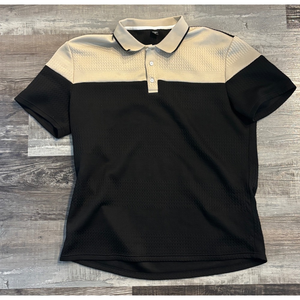 Manfinity Mens XL Colorblock Polo Shirt Black Tan Textured Waffle Knit Short Slv